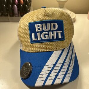 Vintage BUD LIGHT Mesh Trucker Snapback Hat Blue Yellow Weave Bottle cap Opener‎